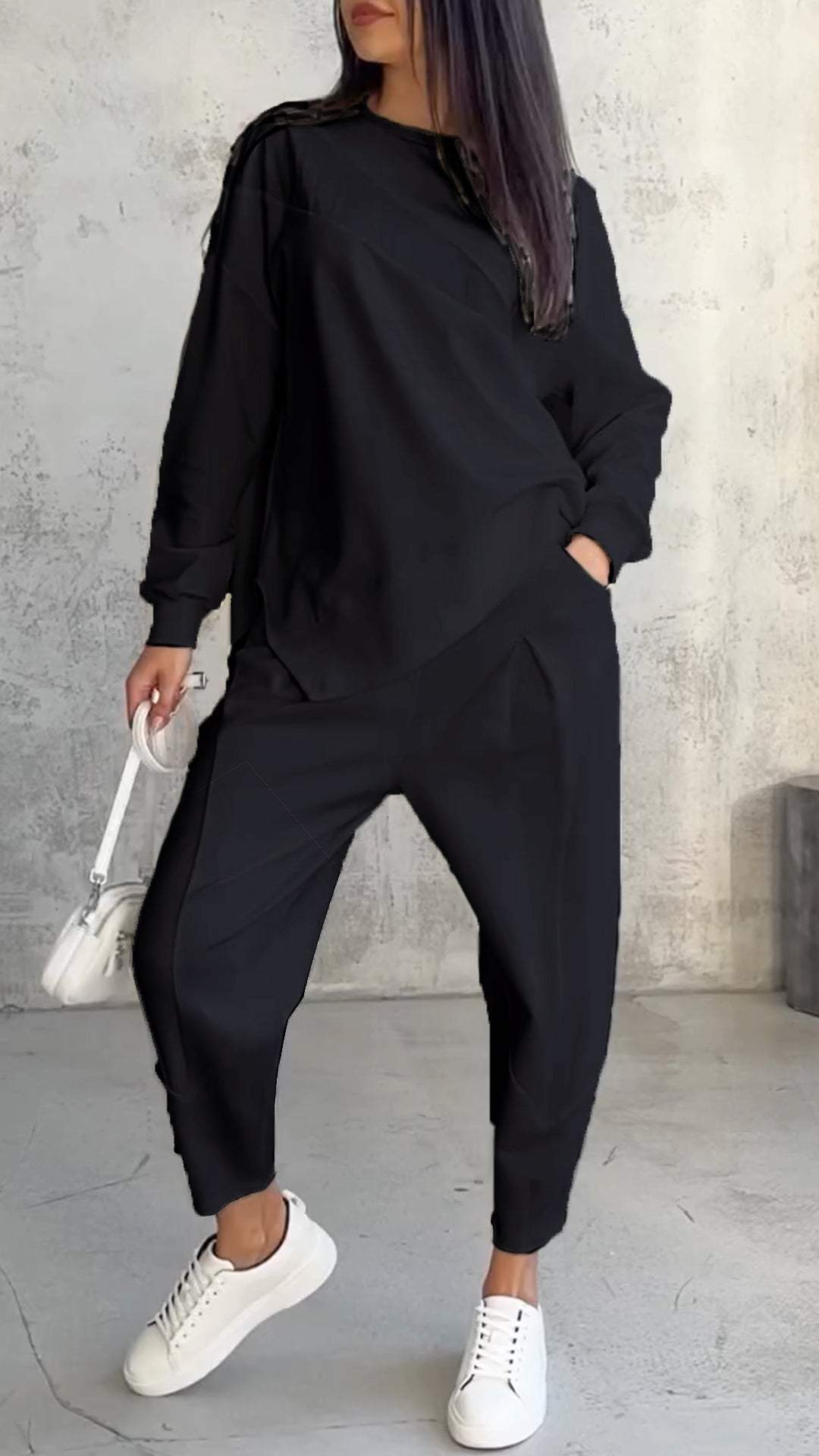 Floriana - Okrągły Dekolt Długi Rękaw Dwuczęściowy Komplet